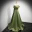 Modest / Simple Clover Green Satin Prom Dresses 2021 A-Line / Princess Off-The-Shoulder Short Sleeve Backless Sweep Train Prom Formal Dresses