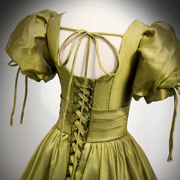 Modest / Simple Clover Green Satin Prom Dresses 2021 A-Line / Princess V-Neck Puffy Short Sleeve Backless Floor-Length / Long Formal Dresses