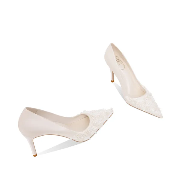 Elegant Ivory Satin Pearl Wedding Pumps High Heels 2021 8 cm Stiletto Heels Pointed Toe Wedding Shoes