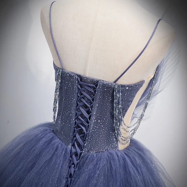 Charmant Himmelblau Fallende Rüsche Ballkleider 2021 A Linie Spaghettiträger Perlenstickerei Strass Pailletten Ärmellos Rückenfreies Sweep / Pinsel Zug Ball Festliche Kleider