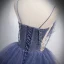 Charmant Himmelblau Fallende Rüsche Ballkleider 2021 A Linie Spaghettiträger Perlenstickerei Strass Pailletten Ärmellos Rückenfreies Sweep / Pinsel Zug Ball Festliche Kleider