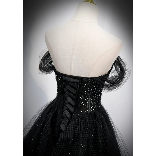 Charmant Noire Paillettes Robe De Bal 2021 Princesse De l'épaule Manches Courtes Dos Nu Longue Promo Robe De Ceremonie