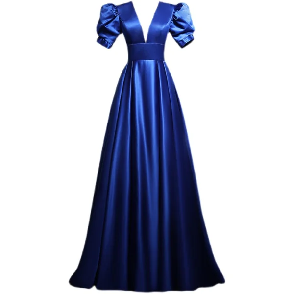 Vintage / Retro Royal Blue Prom Dresses 2021 A-Line / Princess V-Neck Puffy Short Sleeve Backless Floor-Length / Long Satin Formal Dresses