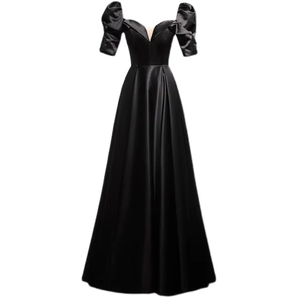 Chic Noire Satin Robe De Bal 2021 Princesse Encolure Carrée Gonflée Manches Courtes Dos Nu Paillettes Noeud Longue Robe De Ceremonie
