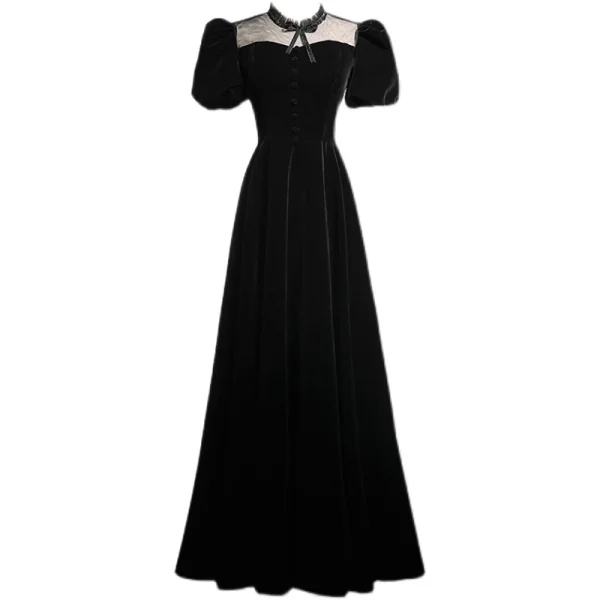 Elegant Black Suede Prom Dresses 2021 A-Line / Princess High Neck Bow Puffy Short Sleeve Backless Floor-Length / Long Formal Dresses