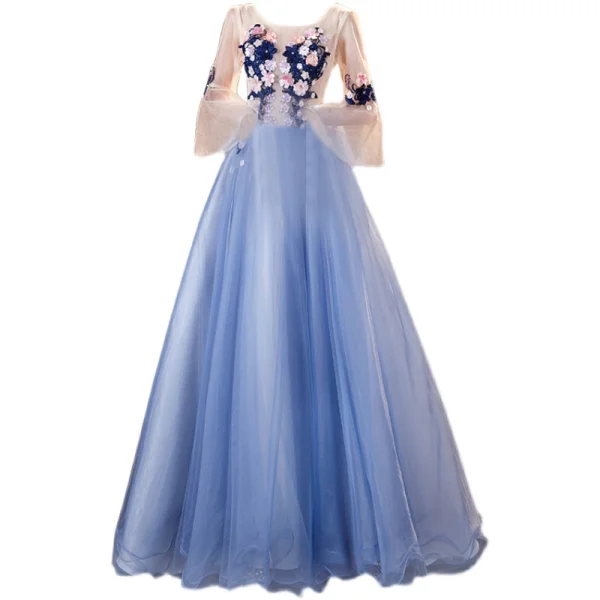 Flower Fairy Sky Blue Pearl Lace Flower Appliques Prom Dresses 2021 A-Line / Princess U-Neck Bell sleeves Backless Floor-Length / Long Formal Dresses