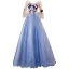 Flower Fairy Sky Blue Pearl Lace Flower Appliques Prom Dresses 2021 A-Line / Princess U-Neck Bell sleeves Backless Floor-Length / Long Formal Dresses
