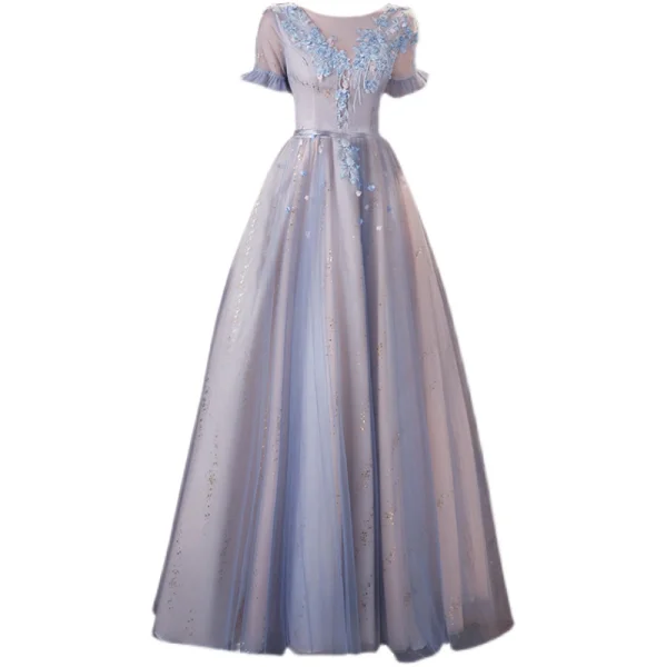 Charmant Bleu Ciel Appliques Robe De Bal 2021 Princesse Encolure Dégagée Perlage Paillettes En Dentelle Fleur Manches de cloche Dos Nu Longue Robe De Ceremonie