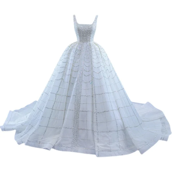 High End Weiß Glanz Perlenstickerei Pailletten Brautkleider / Hochzeitskleider 2021 Ballkleid Eckiger Ausschnitt Ärmellos Rückenfreies Kathedrale Schleppe Hochzeit