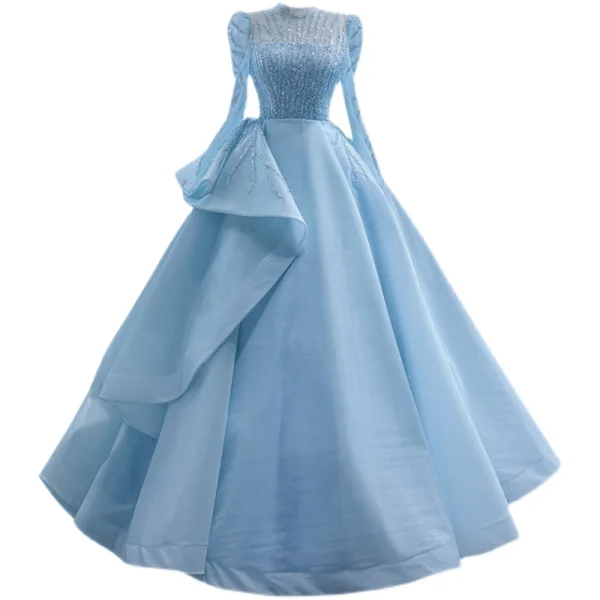 High-end Pool Blue Beading Sequins Prom Dresses 2021 A-Line / Princess High Neck Long Sleeve Sweep Train Formal Dresses