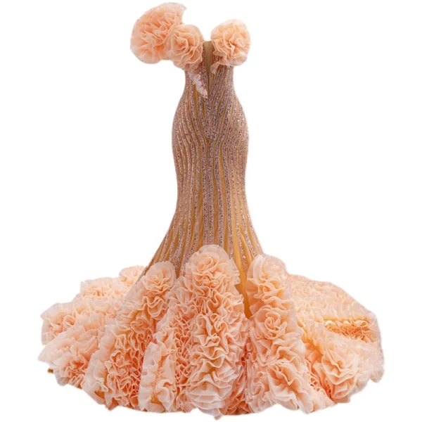 Charmant Luxus / Herrlich Champagner Fallende Rüsche Brautkleider / Hochzeitskleider 2021 Meerjungfrau One-Shoulder Perlenstickerei Perle Pailletten Ärmellos Rückenfreies Sweep / Pinsel Zug Hochzeit
