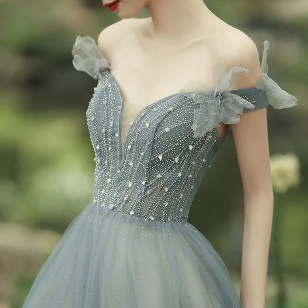 Charming Sage Green Prom Dresses 2021 A-Line / Princess Off-The-Shoulder Beading Sleeveless Backless Floor-Length / Long Formal Dresses