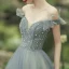 Charming Sage Green Prom Dresses 2021 A-Line / Princess Off-The-Shoulder Beading Sleeveless Backless Floor-Length / Long Formal Dresses
