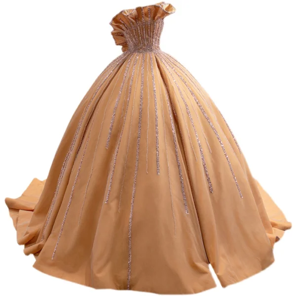 Haut de Gamme Champagne Perlage Paillettes Robe De Mariée 2021 Robe Boule Volants Bustier Sans Manches Dos Nu Tribunal Train Mariage