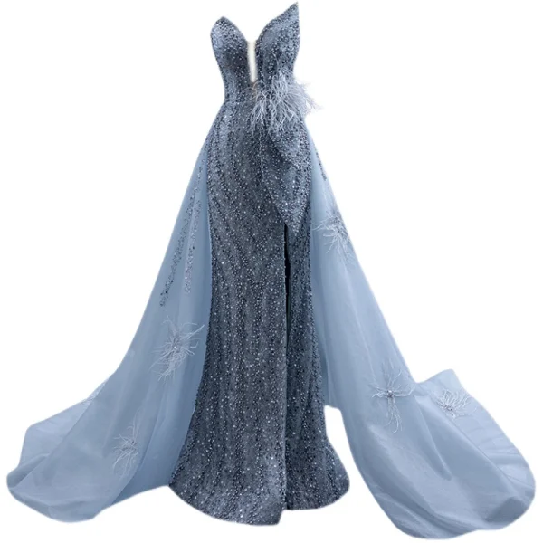 Sexy Gris Robe De Soirée 2021 Trompette / Sirène Bustier Perlage Perle Paillettes Gland Sans Manches Dos Nu Fendue devant Tribunal Train Soirée Robe De Ceremonie