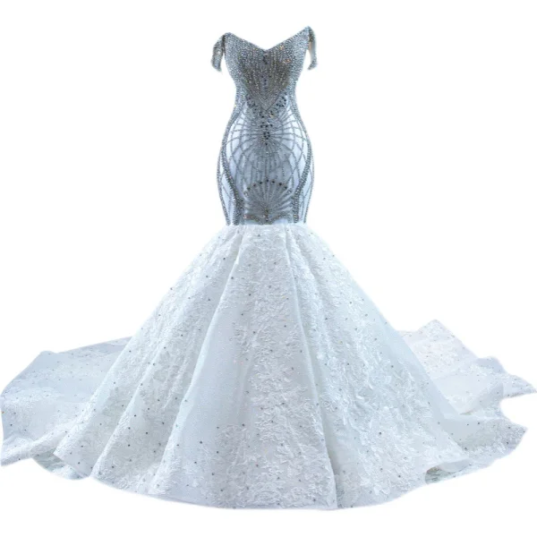 Luxus / Herrlich Fabelhaft Weiß Brautkleider / Hochzeitskleider 2021 Meerjungfrau Bandeau Perlenstickerei Strass Spitze Blumen Ärmellos Rückenfreies Kathedrale Schleppe Hochzeit