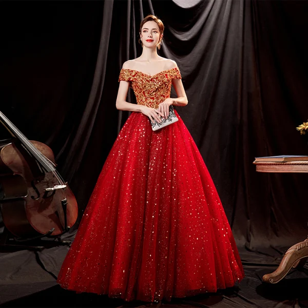 Scintillantes Rouge Glitter Perlage Paillettes Robe De Bal 2021 Princesse De l'épaule Sans Manches Dos Nu Longue Robe De Ceremonie