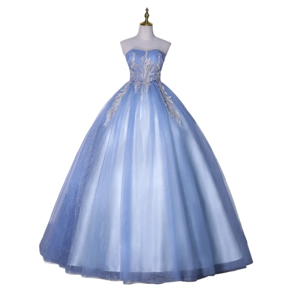 Elegant Sky Blue Prom Dresses 2021 Ball Gown Strapless Beading Sequins Lace Flower Sleeveless Backless Floor-Length / Long Formal Dresses