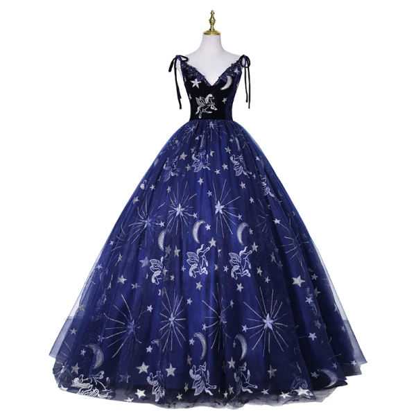 Chic / Beautiful Navy Blue Suede Prom Dresses 2021 Ball Gown Spaghetti Straps Lace Flower Sleeveless Backless Floor-Length / Long Formal Dresses