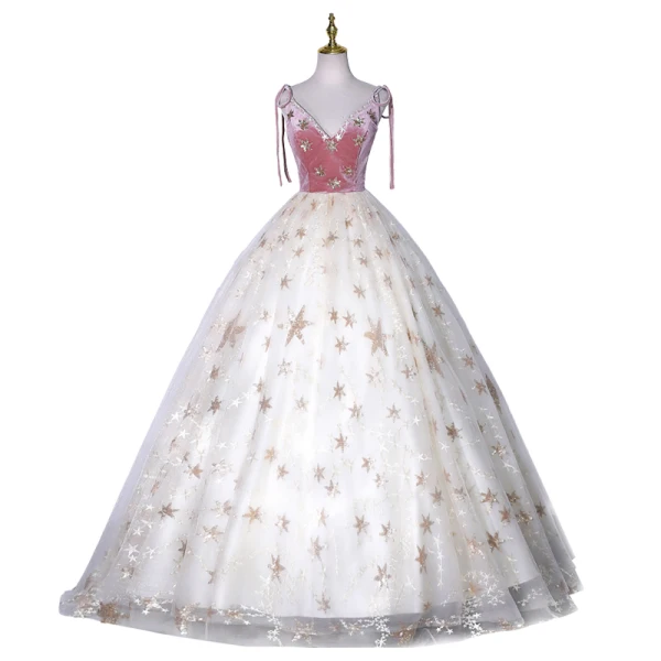 Charmant Rougissant Rose Robe De Bal 2021 Robe Boule V-Cou En Dentelle Paillettes Étoile Sans Manches Dos Nu Longue Robe De Ceremonie