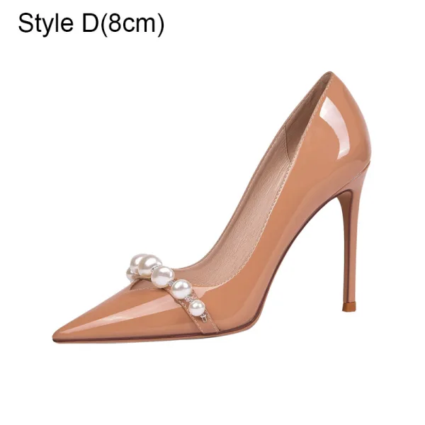 Mode Nude Abend Perle Pumps 2021 Leder 10 cm Stilettos Hochhackige Spitzschuh Pumps