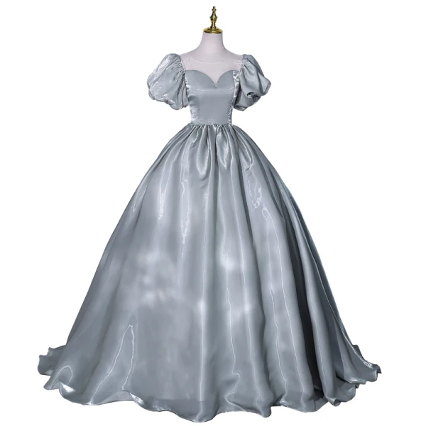 Chic Gris Vert Robe De Bal 2021 Robe Boule Encolure Dégagée Gonflée Manches Courtes Dos Nu Longue Robe De Ceremonie