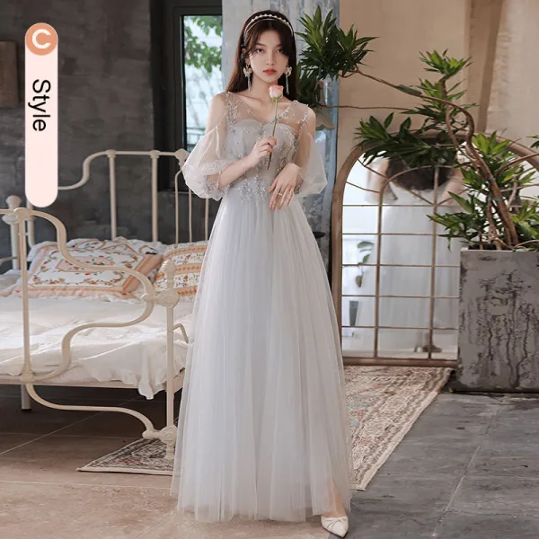 Chic / Beautiful Grey Pearl Lace Flower Bridesmaid Dresses 2021 A-Line / Princess Short Sleeve Backless Floor-Length / Long Bridesmaid Wedding Party Dresses