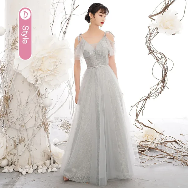 Chic / Beautiful Silver Grey Sequins Bridesmaid Dresses 2021 A-Line / Princess Short Sleeve Backless Sash Floor-Length / Long Wedding Party Dresses