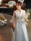 Fashion Sky Blue Lace Flower Bridesmaid Dresses 2021 A-Line / Princess V-Neck Pearl Sequins Bell sleeves Floor-Length / Long Wedding Party Dresses