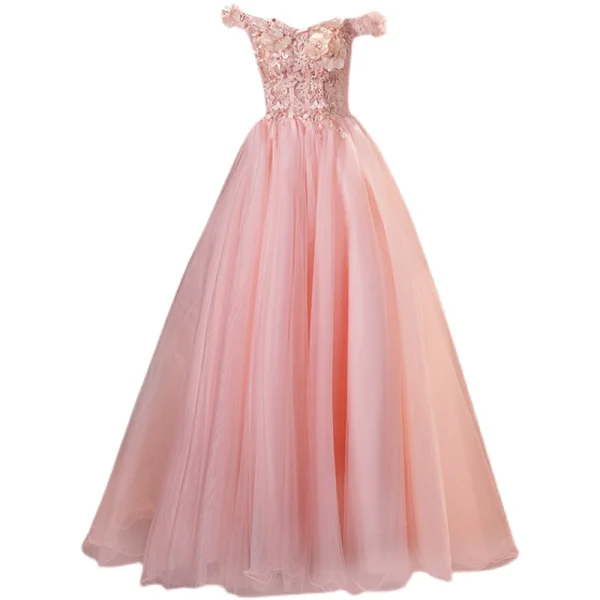 Charmant Rose Bonbon Faux Diamant En Dentelle Fleur Appliques Robe De Bal 2021 Princesse De l'épaule Sans Manches Dos Nu Longue Robe De Ceremonie