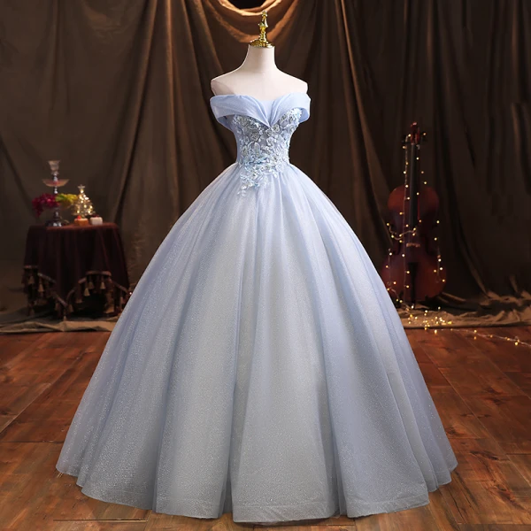 Élégant Bleu Ciel Robe De Bal 2021 Robe Boule De l'épaule Paillettes En Dentelle Fleur Appliques Sans Manches Dos Nu Longue Robe De Ceremonie