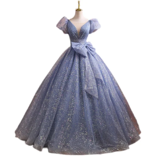 Scintillantes Bleu Ciel Glitter Robe De Bal 2021 Robe Boule Encolure Dégagée Gonflée Manches Courtes Noeud Dos Nu Longue Robe De Ceremonie