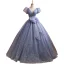 Scintillantes Bleu Ciel Glitter Robe De Bal 2021 Robe Boule Encolure Dégagée Gonflée Manches Courtes Noeud Dos Nu Longue Robe De Ceremonie