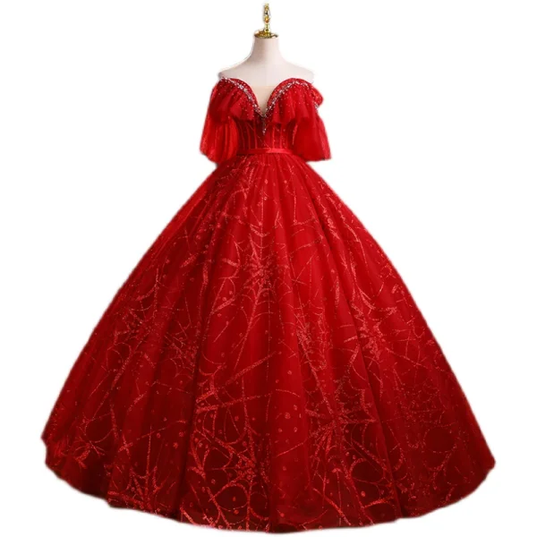 Charmant Bordeaux Paillettes Robe De Bal 2021 Robe Boule Bustier Manches Courtes Dos Nu Perlage Ceinture Longue Promo Robe De Ceremonie
