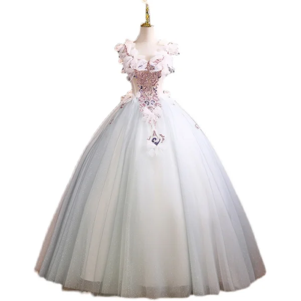 Mode Bleu Ciel Robe De Bal 2021 Robe Boule V-Cou Perlage Perle Faux Diamant Noeud Sans Manches Dos Nu Longue Robe De Ceremonie