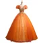 Elegant Orange Beading Pearl Sequins Prom Dresses 2021 Ball Gown Square Neckline Puffy Short Sleeve Backless Sash Floor-Length / Long Formal Dresses