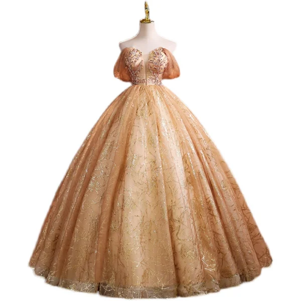 Charming Champagne Beading Pearl Sequins Prom Dresses 2021 Ball Gown Strapless Sleeveless Backless Floor-Length / Long Formal Dresses
