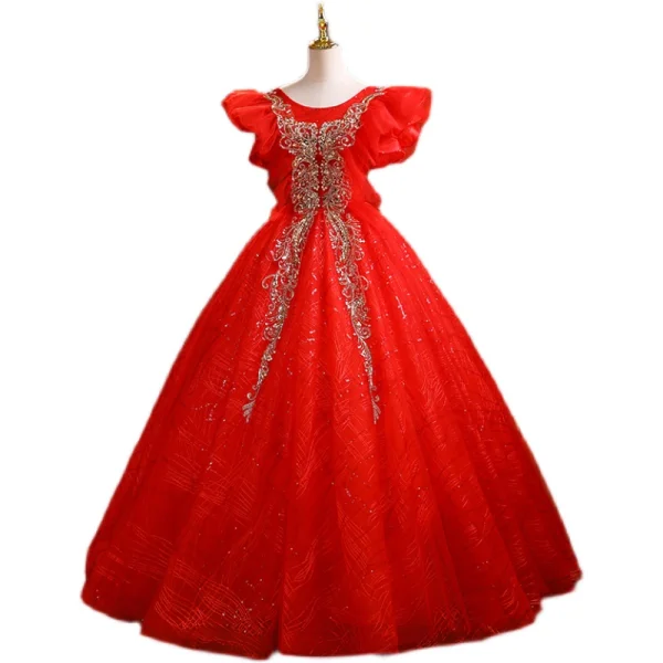 Elegant Red Prom Dresses Floor-Length / Long 2021 Ball Gown Scoop Neck Beading Sequins Puffy Short Sleeve Backless Prom Formal Dresses