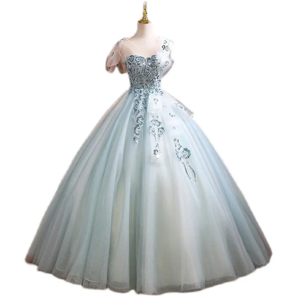 Elegant Mint Green Formal Dresses 2021 Ball Gown Scoop Neck Beading Rhinestone Sequins Sleeveless Backless Floor-Length / Long Prom Dresses