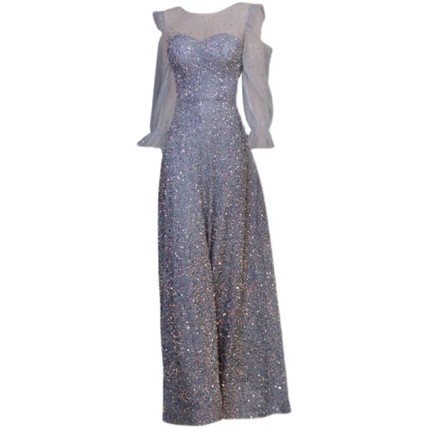 Sparkly Sky Blue Beading Sequins Evening Dresses 2021 A-Line / Princess Scoop Neck 3/4 Sleeve Evening Party Floor-Length / Long Formal Dresses