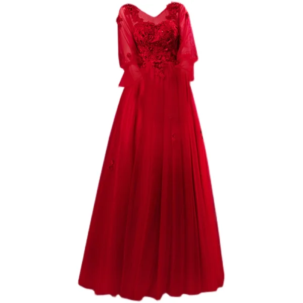 Chic / Belle Rouge En Dentelle Fleur Robe De Bal 2021 Princesse V-Cou Manches de cloche Dos Nu Longue Robe De Ceremonie
