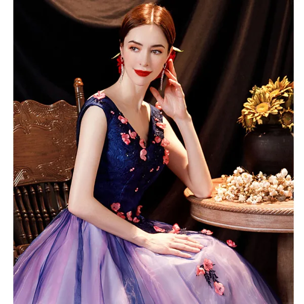 Fée Des Fleurs Bleu Marine Robe De Bal 2021 Princesse V-Cou Appliques En Dentelle Fleur Sans Manches Dos Nu Longue Robe De Ceremonie