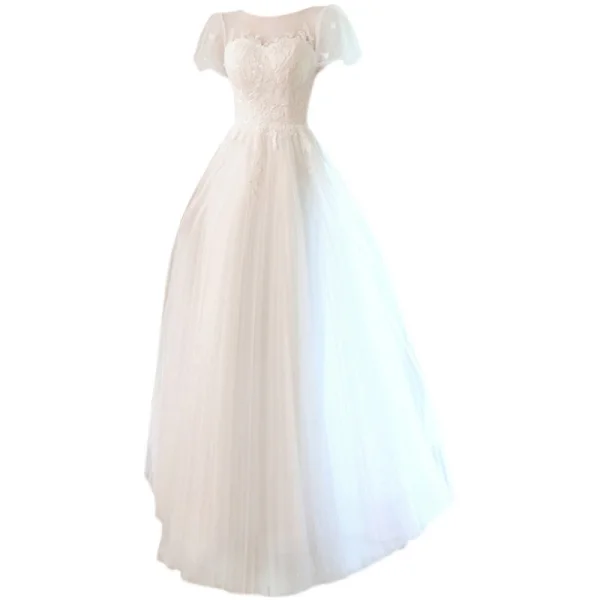 Élégant Blanche Robe De Bal 2021 Princesse Encolure Dégagée Perlage En Dentelle Fleur Manches Courtes Dos Nu Longue Promo Robe De Ceremonie