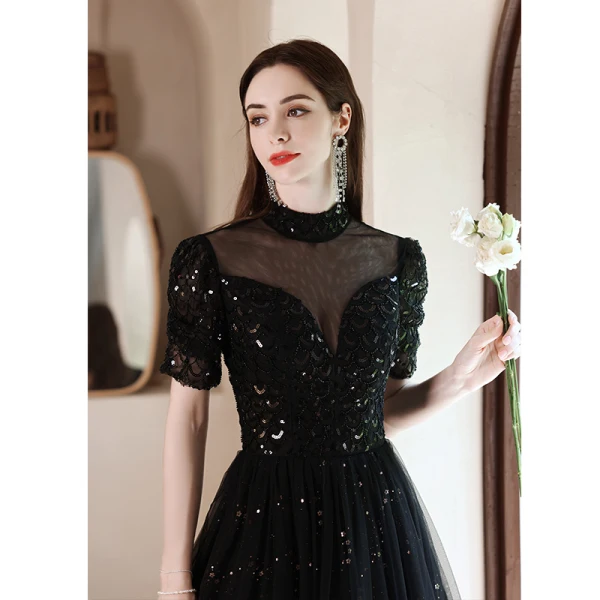 Charmant Noire Perlage Paillettes Robe De Bal 2021 Princesse Col Haut Manches Courtes Dos Nu Longue Robe De Ceremonie