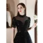 Charmant Noire Perlage Paillettes Robe De Bal 2021 Princesse Col Haut Manches Courtes Dos Nu Longue Robe De Ceremonie