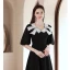 Lovely Black Short Homecoming Graduation Dresses 2021 A-Line / Princess V-Neck Pearl Bow Short Sleeve Formal Dresses