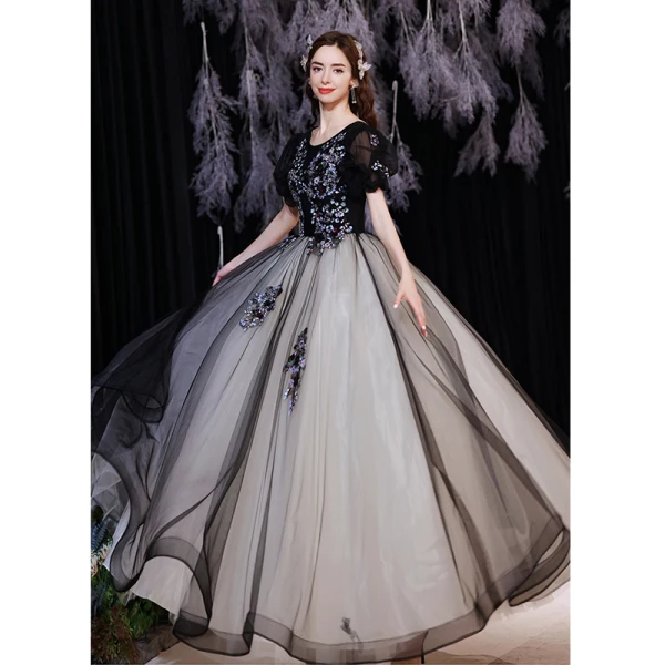 Élégant Noire Robe De Bal 2021 Princesse Encolure Dégagée Paillettes En Dentelle Fleur Manches Courtes Dos Nu Longue Robe De Ceremonie