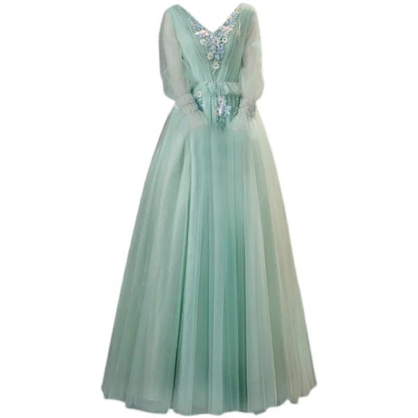 Chic / Beautiful Mint Green Prom Dresses 2021 A-Line / Princess V-Neck Bell sleeves Backless Pearl Sequins Lace Flower Floor-Length / Long Formal Dresses