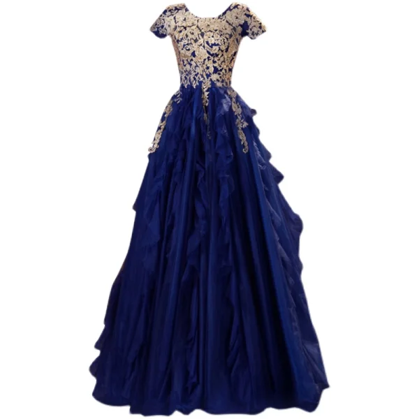 Élégant Bleu Roi Robe De Bal 2021 Princesse Encolure Dégagée Perlage En Dentelle Fleur Manches Courtes Dos Nu Longue Robe De Ceremonie
