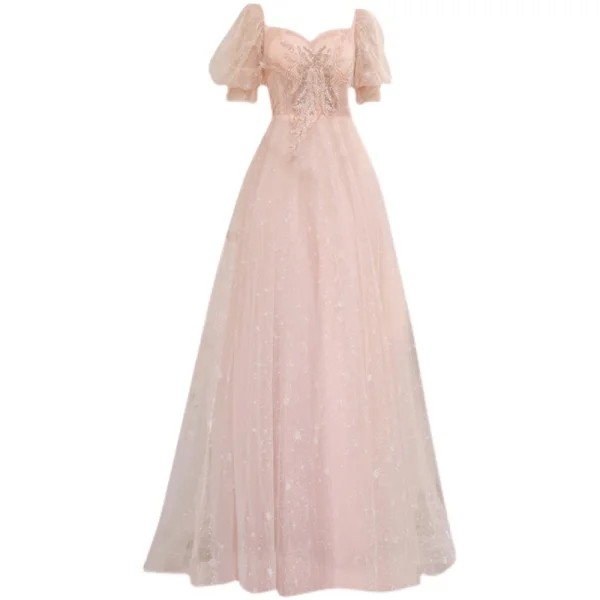 Charming Beading Sequins Pearl Pink Prom Dresses 2021 A-Line / Princess Square Neckline Lace Short Sleeve Floor-Length / Long Formal Dresses